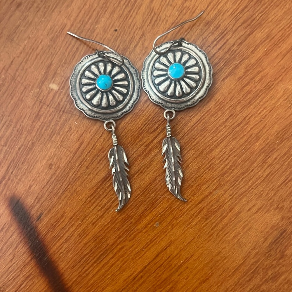 Vintage Navajo Sterling Silver Turquoise Feather Native American Earrings